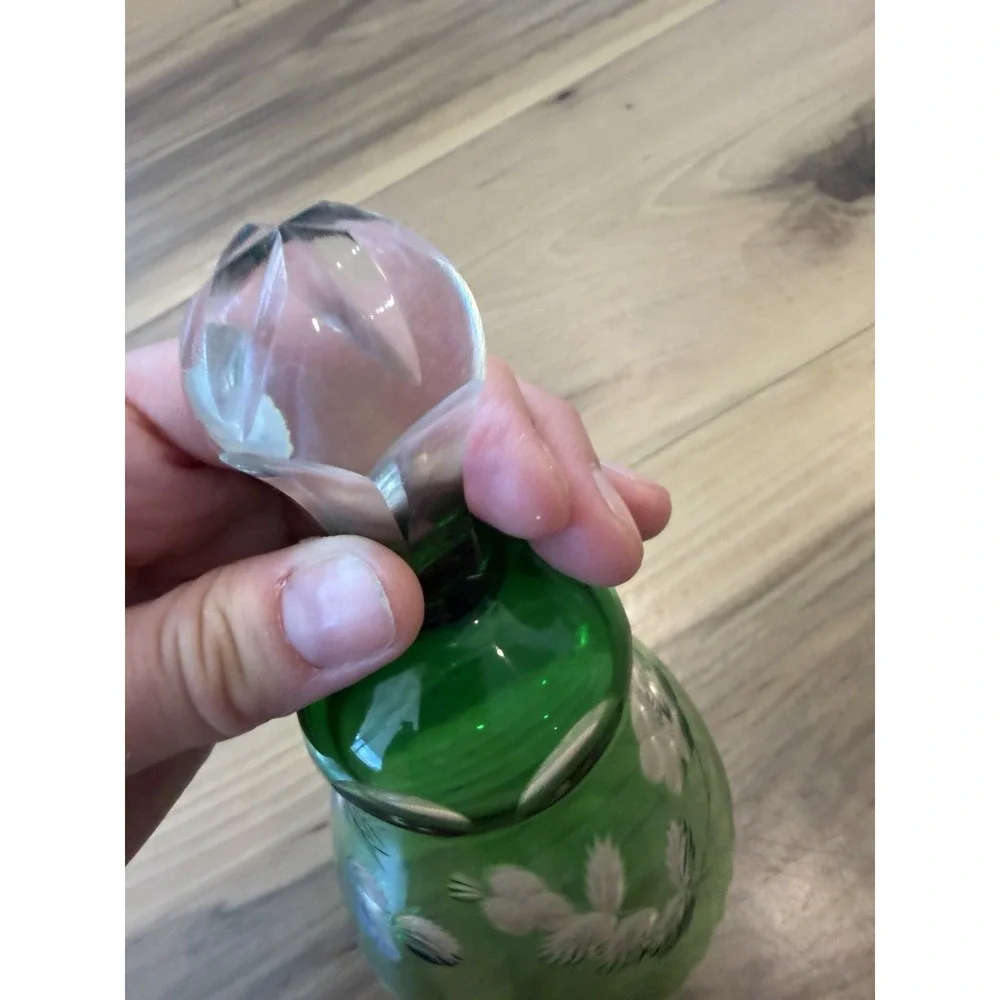 Vintage Emerald Green Cut Crystal Glass Hand Bell Floral Etched Clear Handle